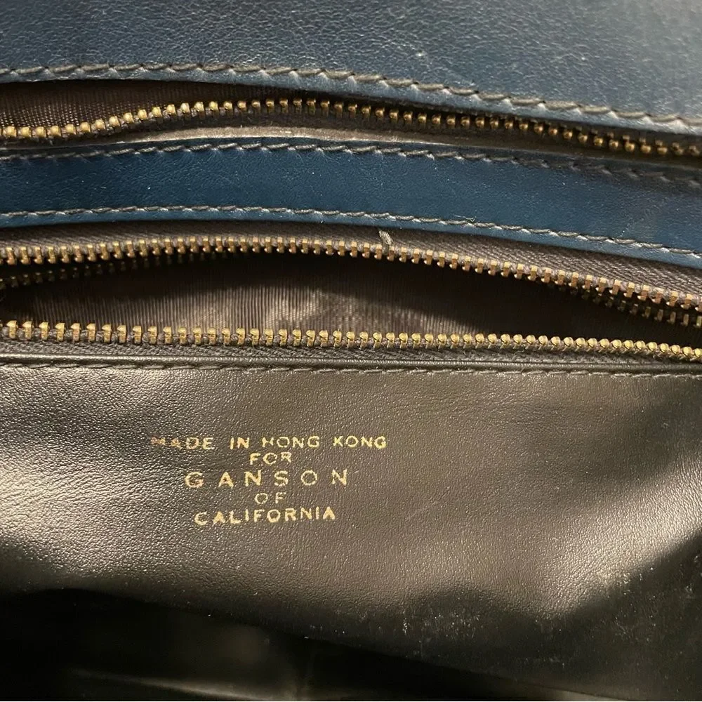 Vintage Ganson Navy Leather Short Handle Tote W/Stitching Detail Bag